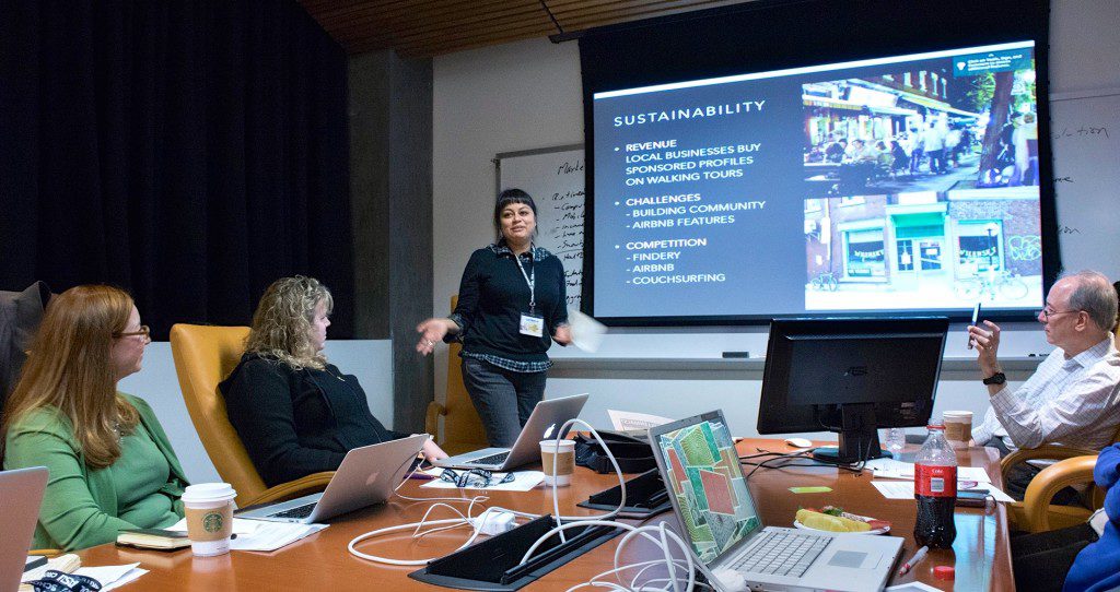 Ryerson journalism professor Asmaa Malik presenting her pitch. Photo: Curt Chandler / Penn State University