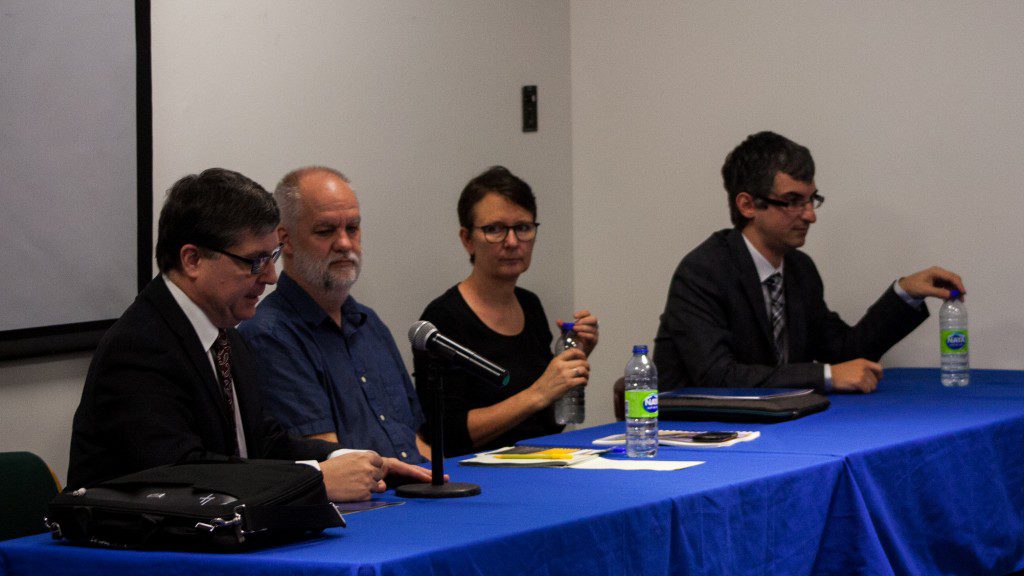 Dr. David McKeown, Medical Officer of Health for the City of Toronto; André Picard, health reporter and columnist at the Globe and Mail; Dr. Jane Pirkis, director of the Centre for Mental Health and the University of Melbourne; Dr. Mark Sinyor, assistant professor in the Department of Psychiatry at the University of Toronto (Photo credit: Kieran Delamont)