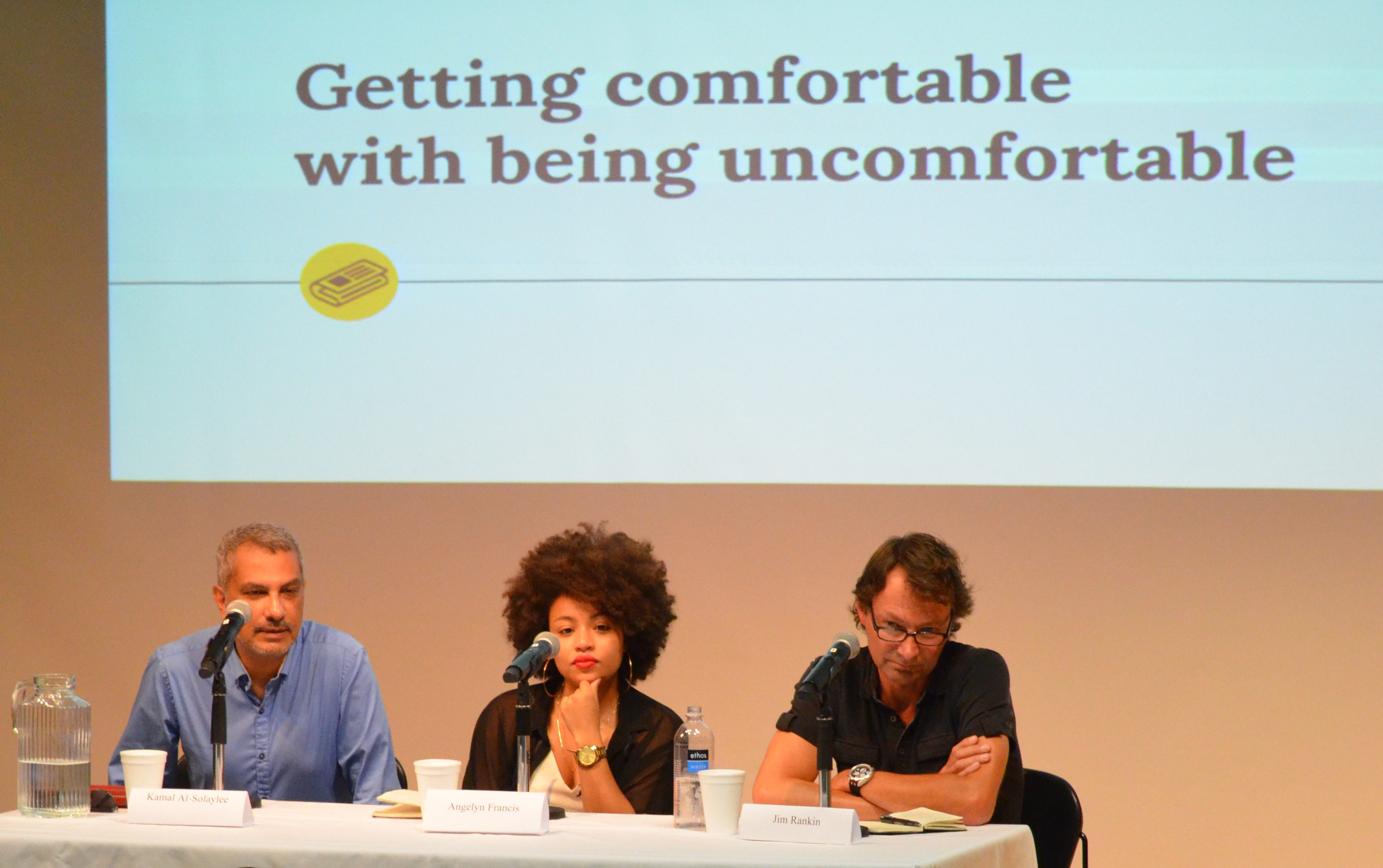 Kamal Al-Solaylee, Angelyn Francis and Jim Rankin discuss how reporters can get comfortable while covering controversial stories at an RJRC panel.
